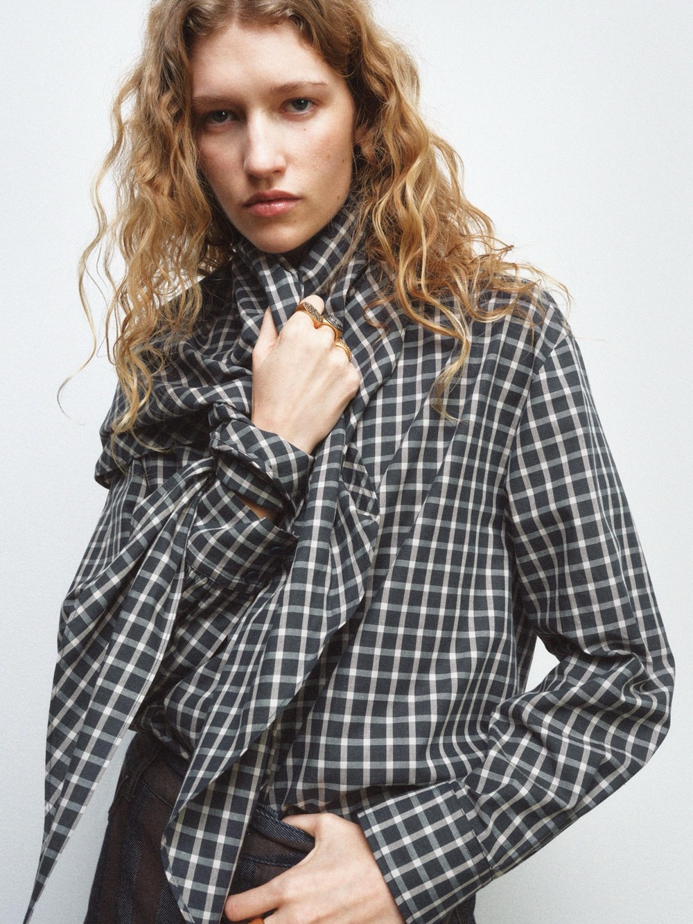 Zara Black and White Plaid Tie-Neck Cotton Blouse with matching Scarf